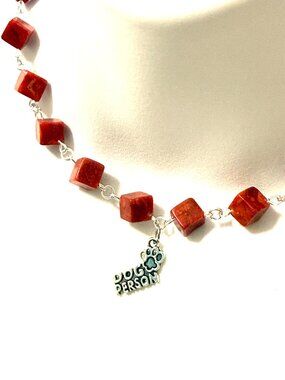 Red Reconstituted (Compressed) Coral w/ Silver Dog Person Pendant Necklace